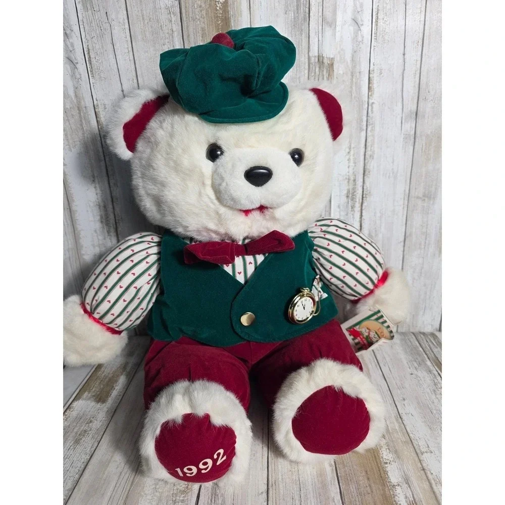 Vintage 1992 Fairview Christmas Bear Family Plush White Teddy Green Vest 1992